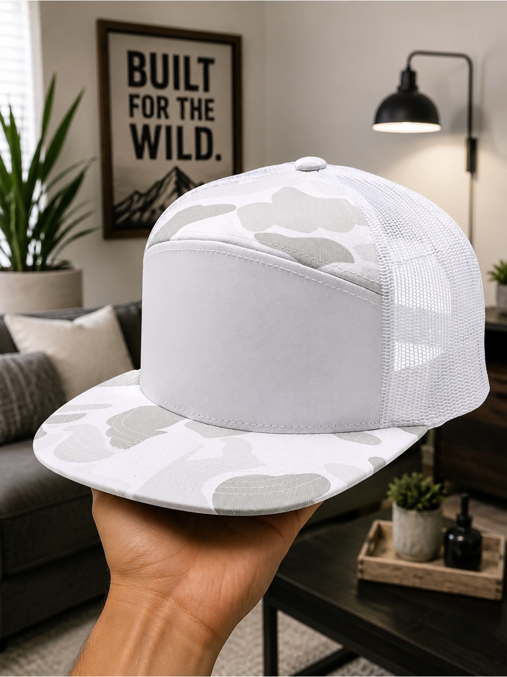 White Camo Trucker Snapback Hat Blank Flat Bill Mesh Adjustable Cap